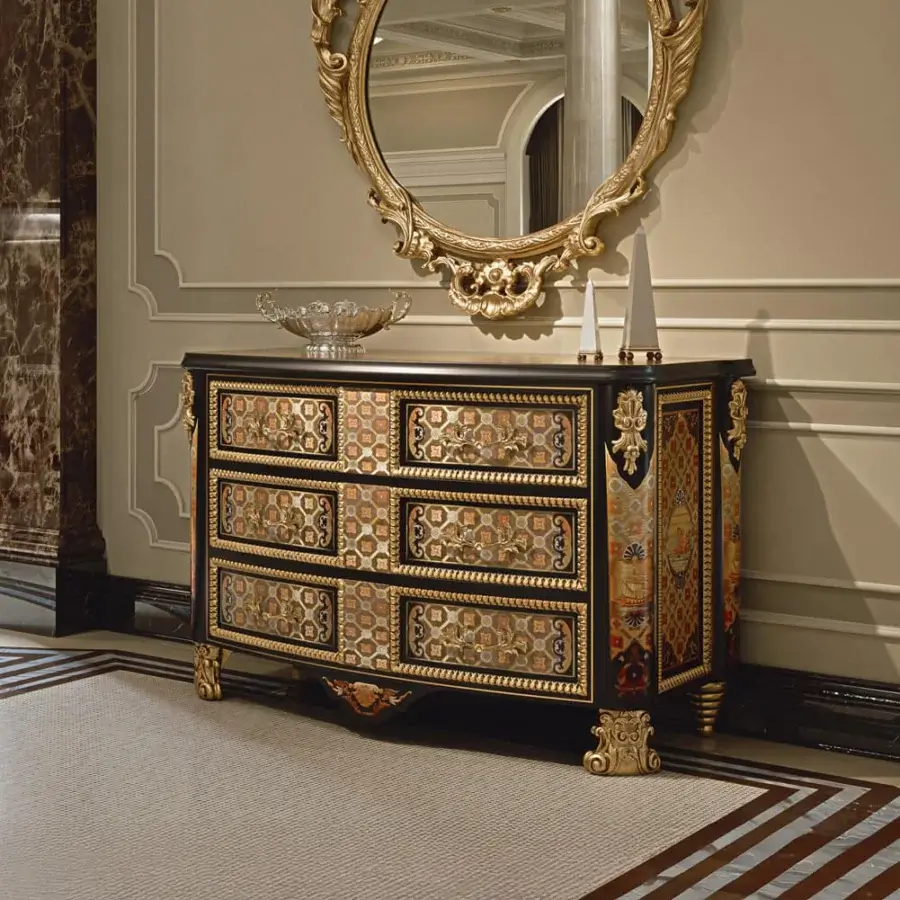 Distinguished Zanaboni W020 sideboard crafted with precious woods, polychromy inlay, golden elements against ebony with a glossy finish