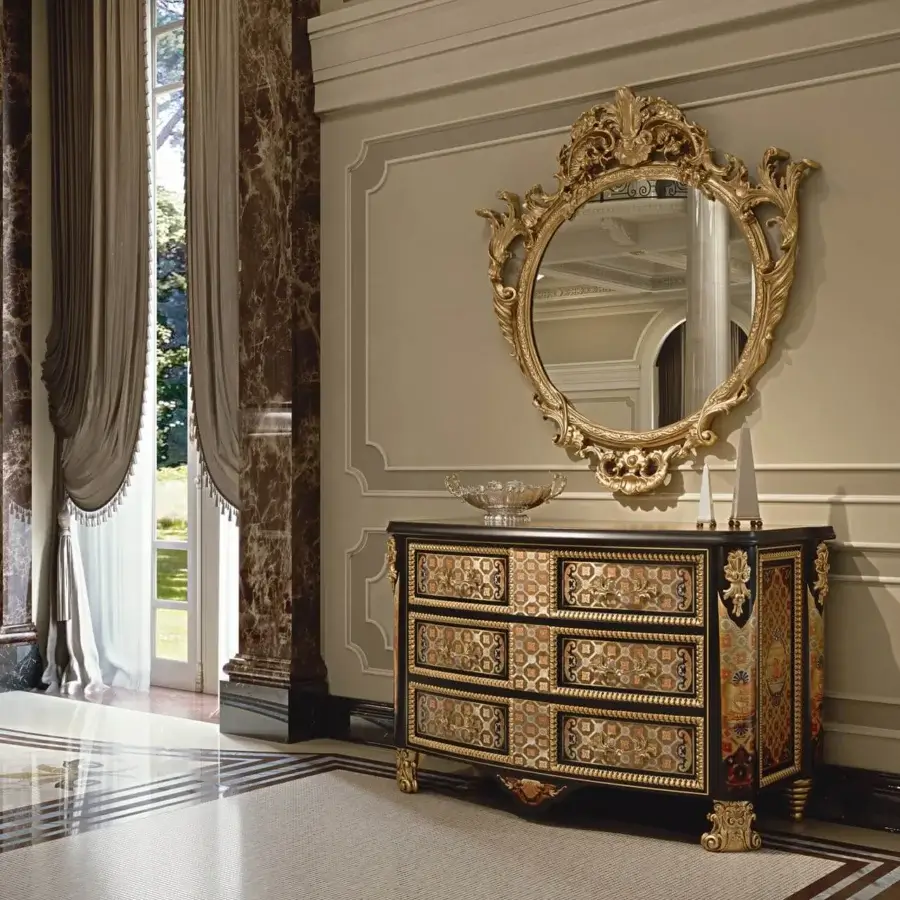 Superior Zanaboni W020 sideboard with glossy ebony finish, geometric inlay, and golden elements inspired by Baroque classicism