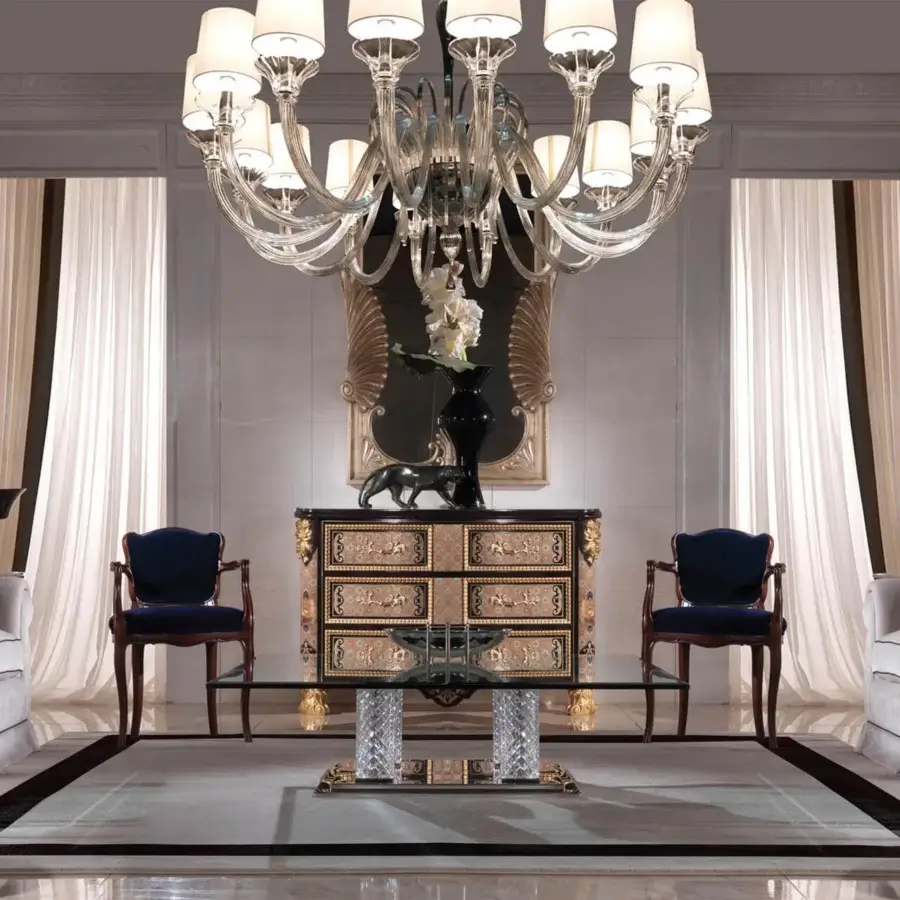 Lavish Zanaboni W020 sideboard built in glossy ebony with ornate carvings and polychromy wood inlay enhanced with golden elements