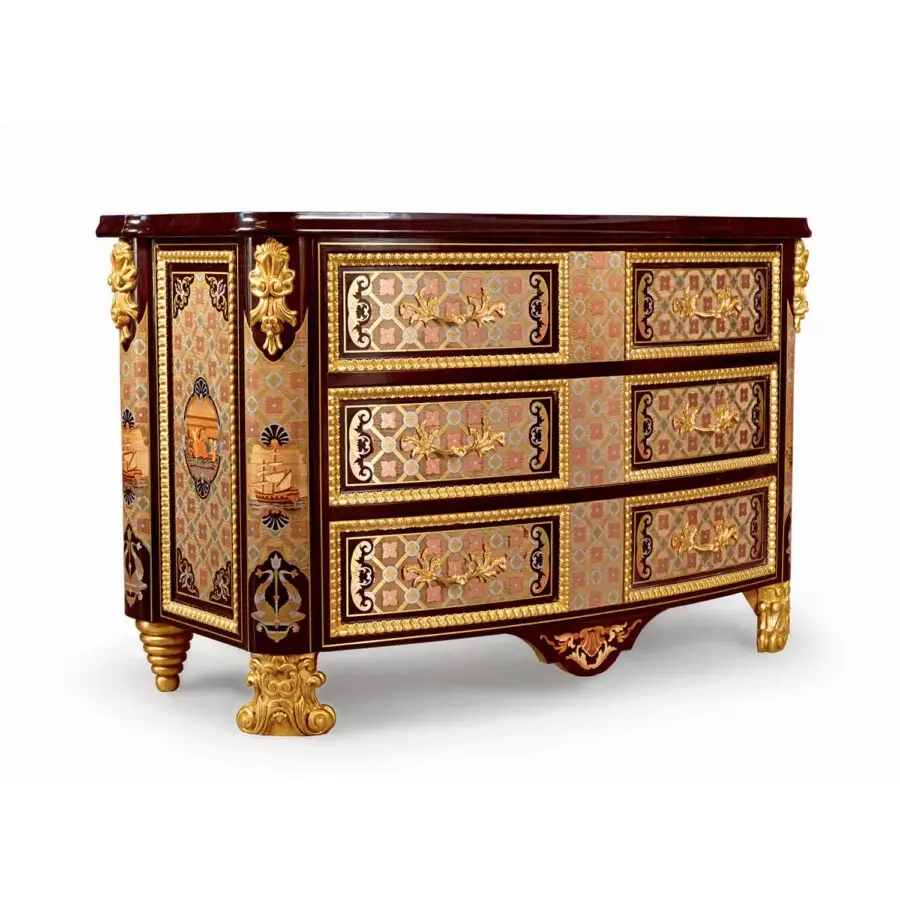 Distinguished Zanaboni W020 sideboard crafted in ebony with inlaid precious materials and gilded detailing showcasing reddish-brown finish