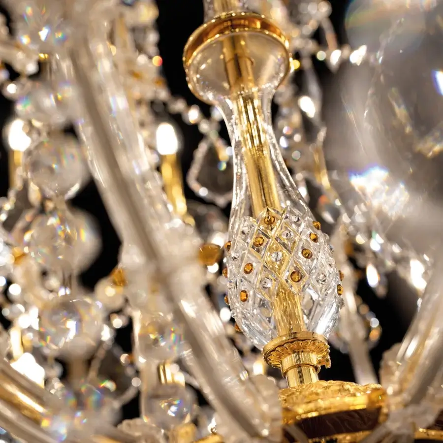 Lavish Laudarte Orione Bottom chandelier crafted in Italy with 24K gold plated metal and clear Asfour crystal pendants