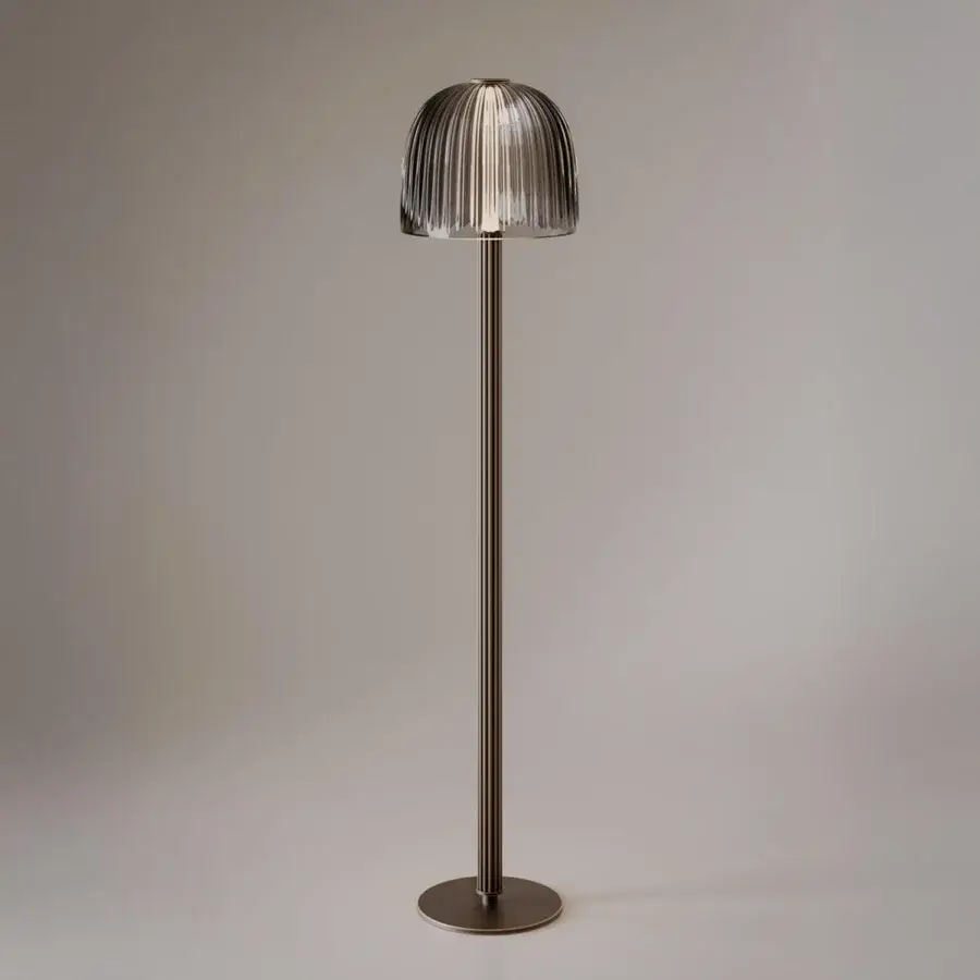 Superior VENICEM Augusta floor lamp with smoke gray Murano blown glass shade and burnished brass structure