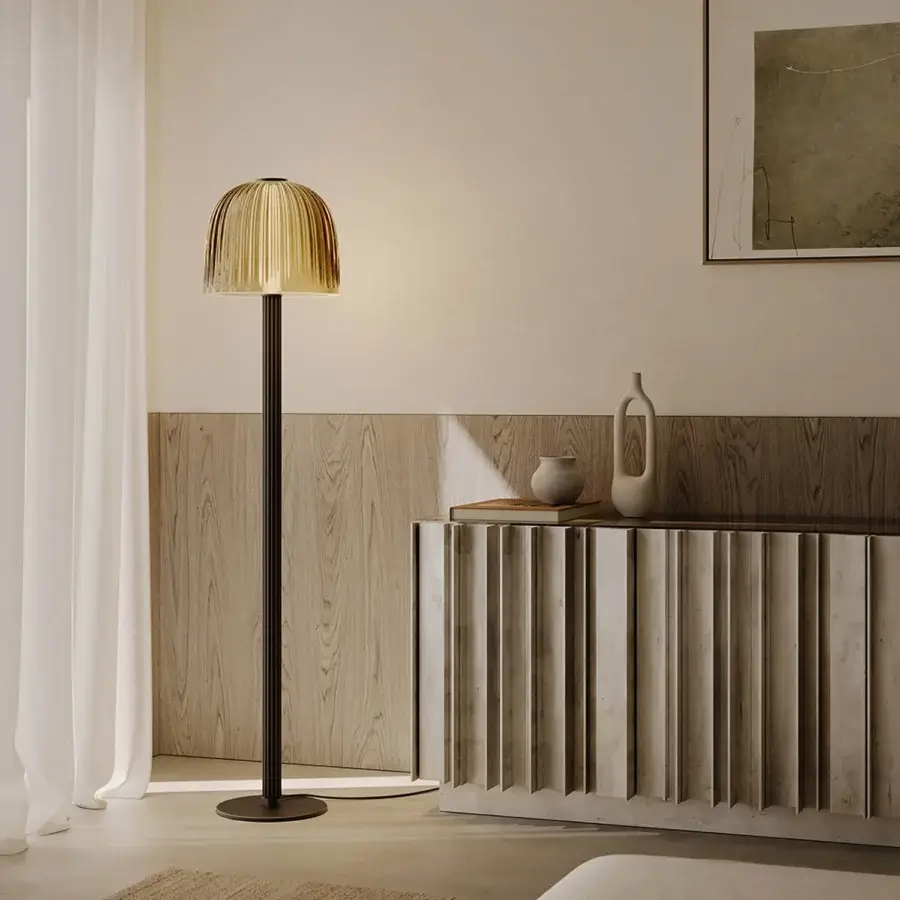 Superior VENICEM Augusta floor lamp with warm amber Murano blown glass shade and burnished brass structure