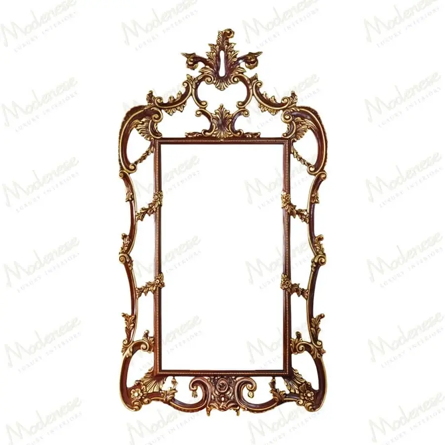 Exquisite Modenese Rubino Delight mirror with reddish-brown carved wood and gilded floral accents in a glossy finish