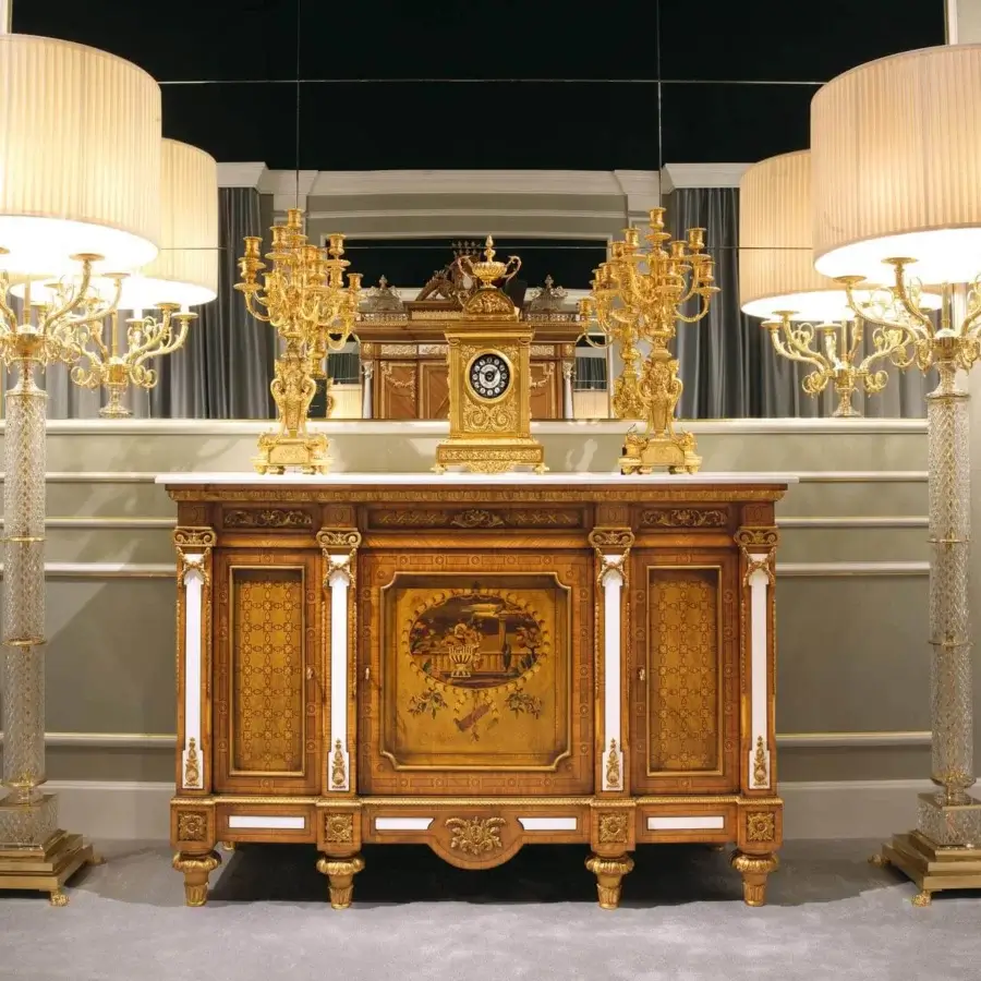Distinguished Zanaboni W043 sideboard inlaid in olive briar and white Thassos marble with a glossy gilded finish