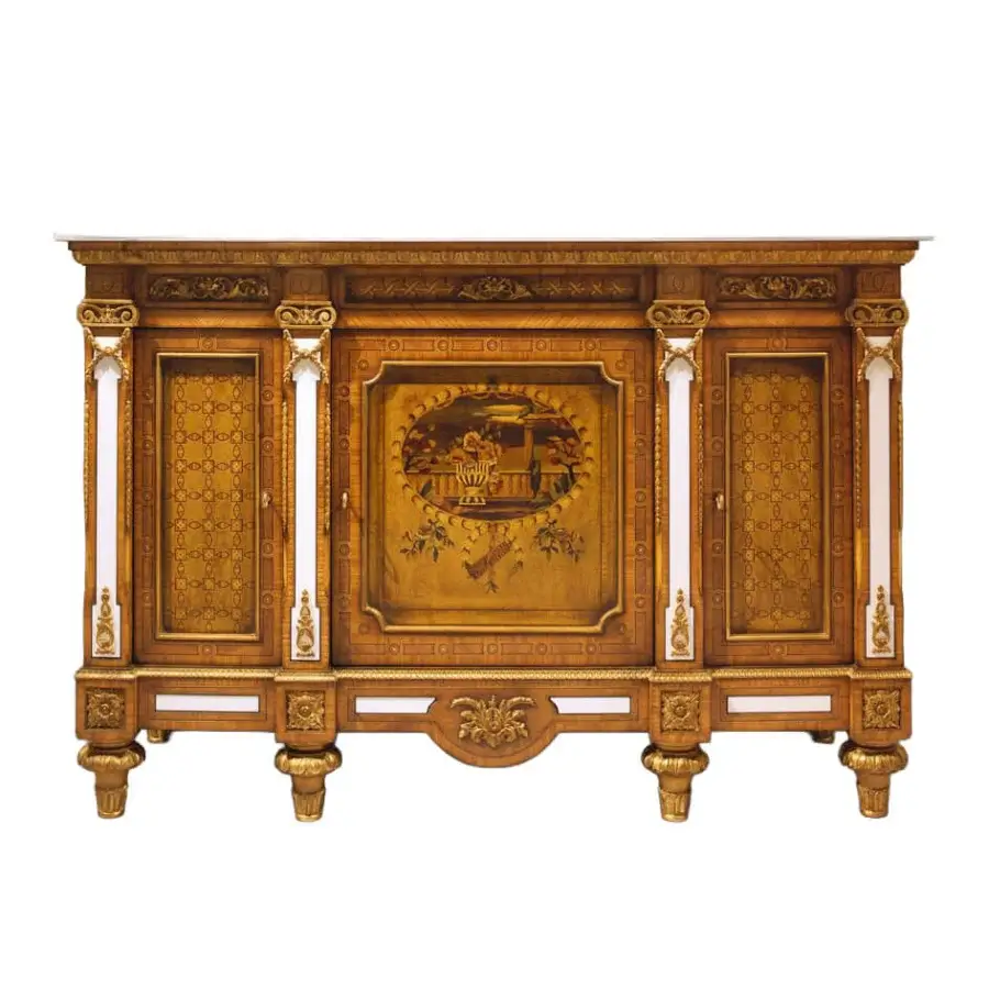 Lavish Zanaboni W043 sideboard inlaid with luminous white Thassos marble and olive briar with gold detailing