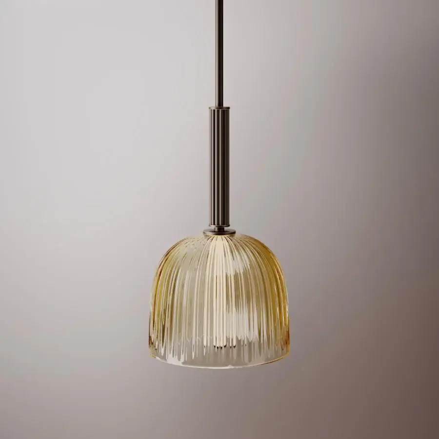 Distinguished VENICEM Augusta suspension lamp with wavy Murano blown glass and vertically grooved satin bronze finished metal structure