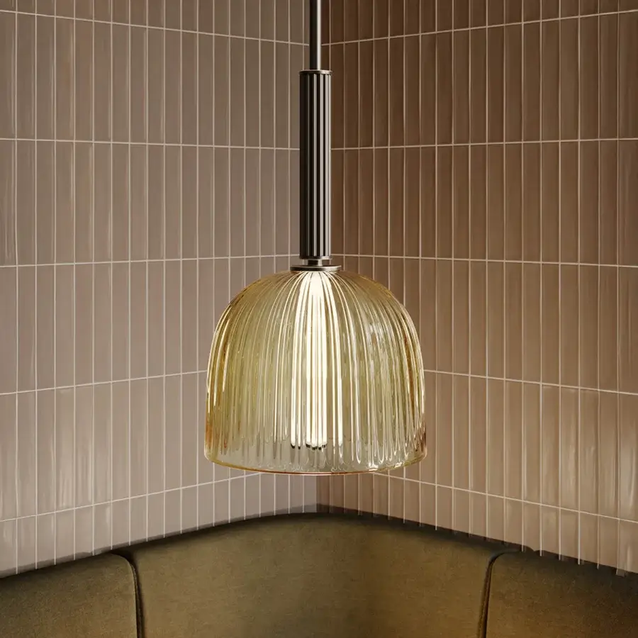Distinguished VENICEM Augusta suspension lamp with wavy Murano blown glass and vertically grooved brass rod crafted in warm amber with satin metal