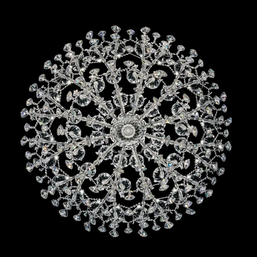 Superior Laudarte Tarvos chandelier handcrafted with clear Asfour crystal pendants and radiant palladium plating