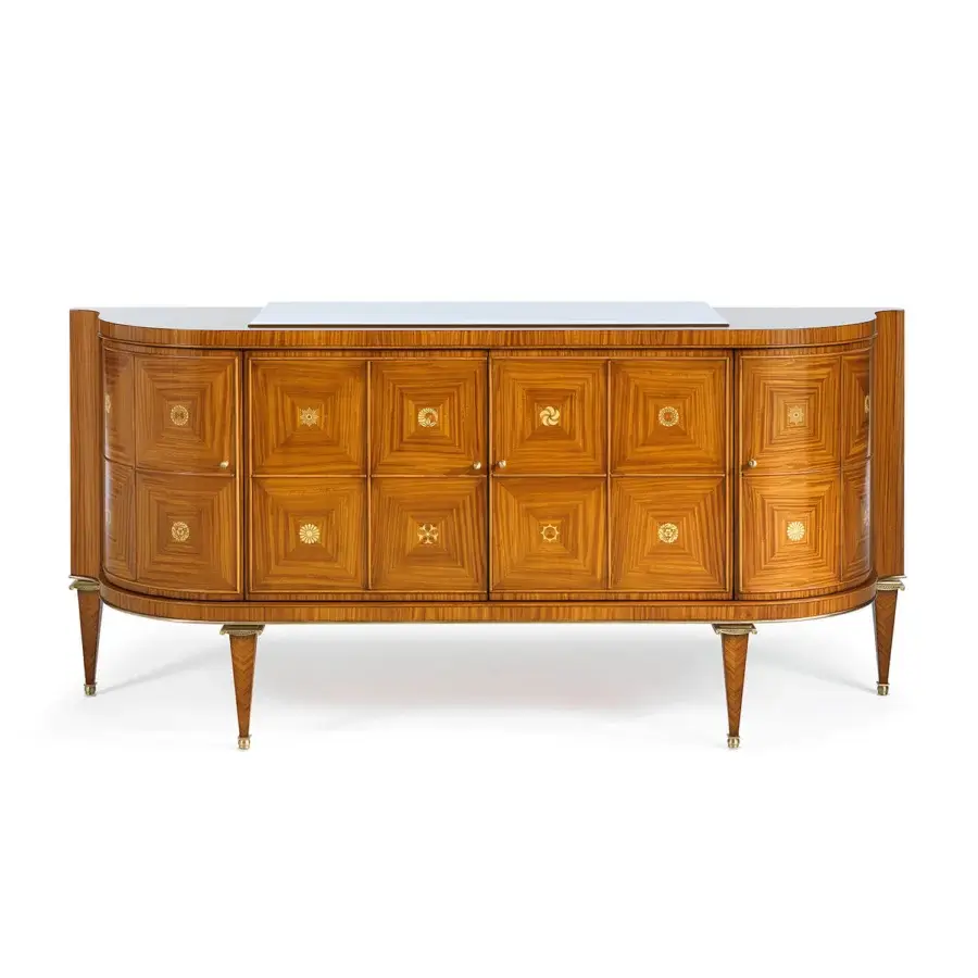 Distinguished Zanaboni W045 sideboard crafted with warm brown satin citronnier inlay, delicate bone details and bronzed brass with a marble surface