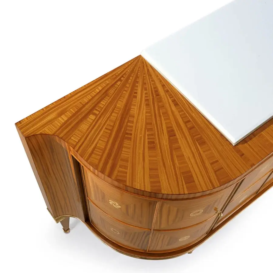 Timeless Zanaboni W045 sideboard built with glossy citronnier wood inlay, bronzed brass elements and a striking white marble top