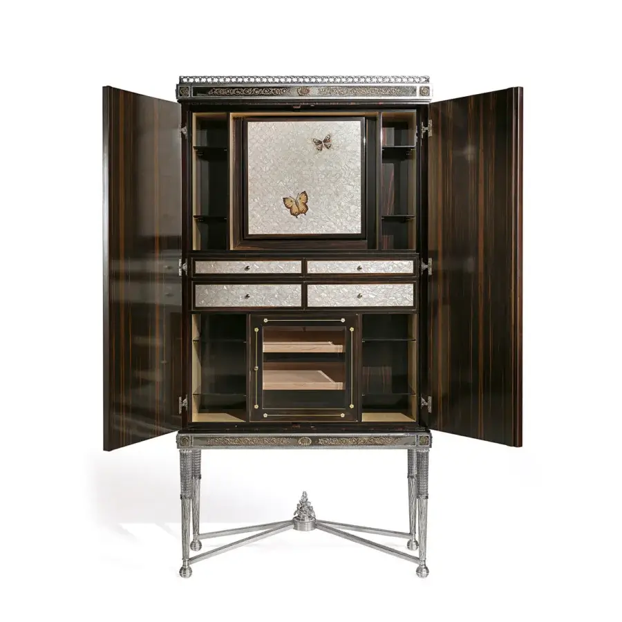Exquisite Zanaboni W052 cupboard crafted with glossy dark brown wood, silver engraving, mother-of-pearl, mahogany and maple inlay