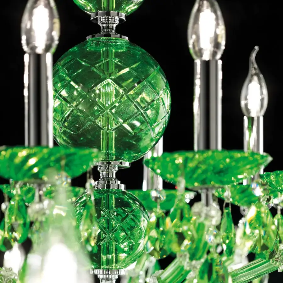 Exquisite Laudarte Taurus Green chandelier crafted in palladium with green crystal dishes and clear Asfour crystal pendants