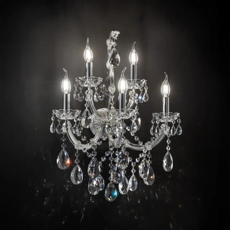 Superior Laudarte Syrma wall lamp handcrafted with palladium plated structure and delicate Asfour crystal pendants offering refined luminosity