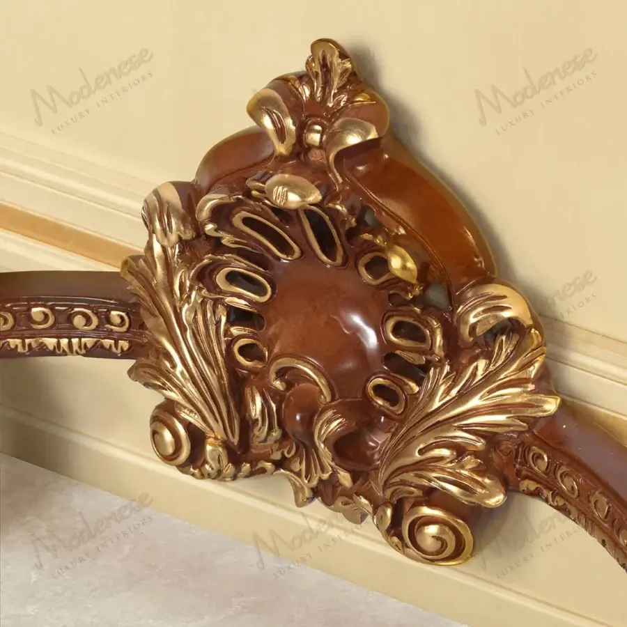 Exceptional Modenese Rubino Delight console crafted with marble top, walnut toned wood and gold-leaf detailing in high-gloss finish
