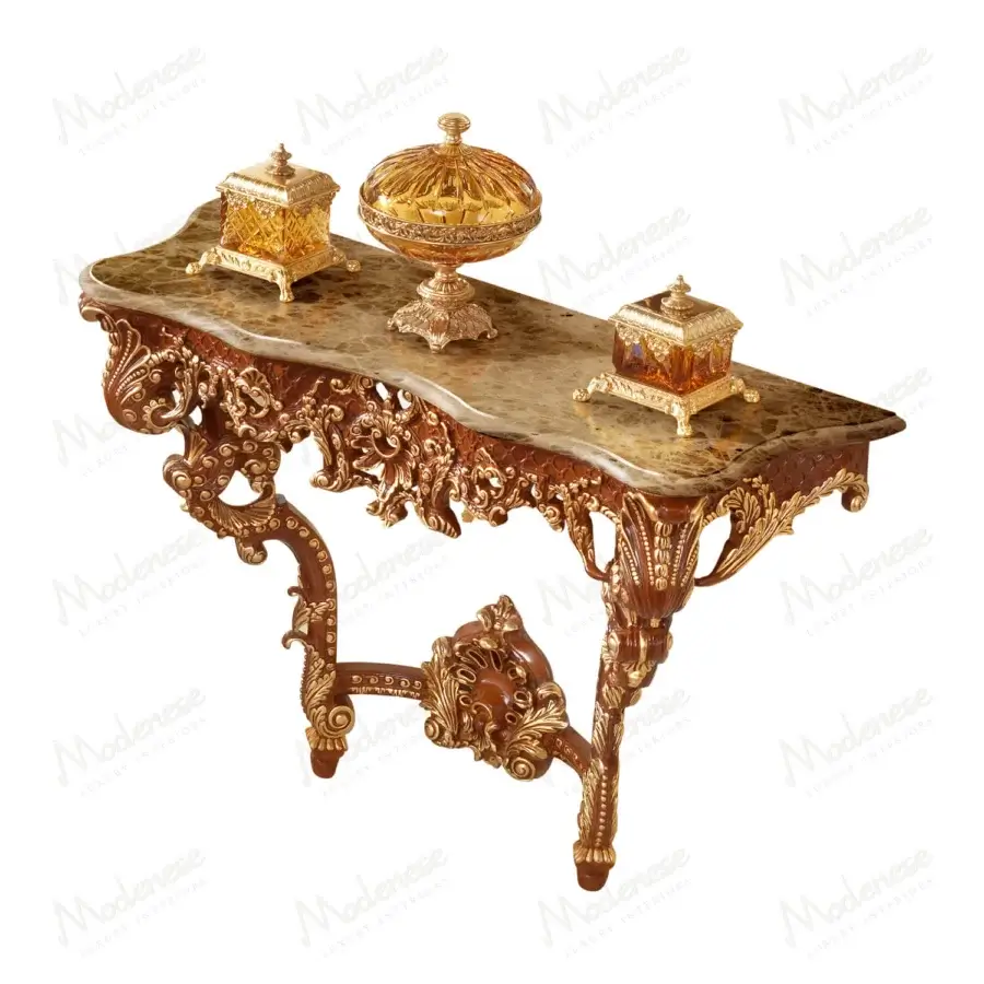 Superior Modenese Rubino Delight console crafted with marble top, walnut toned wood and gold-leaf detailing