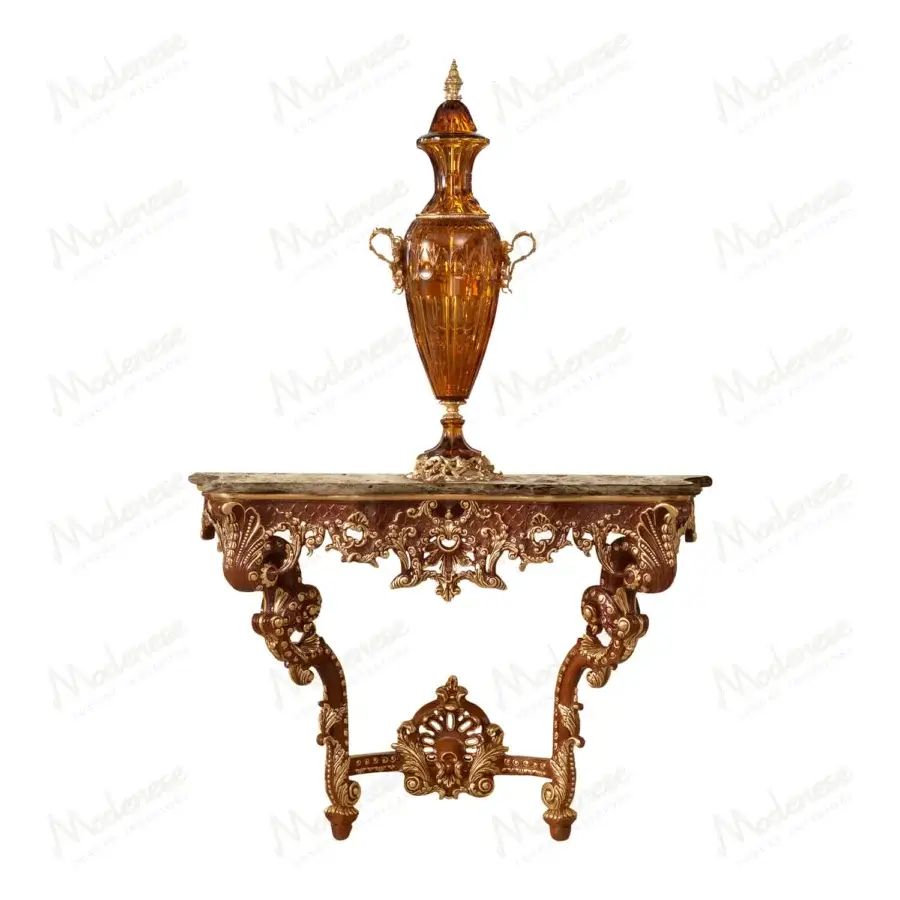 Exquisite Modenese Rubino Delight console built with richly veined marble and walnut toned wood, finished with lavish gold-leaf detailing