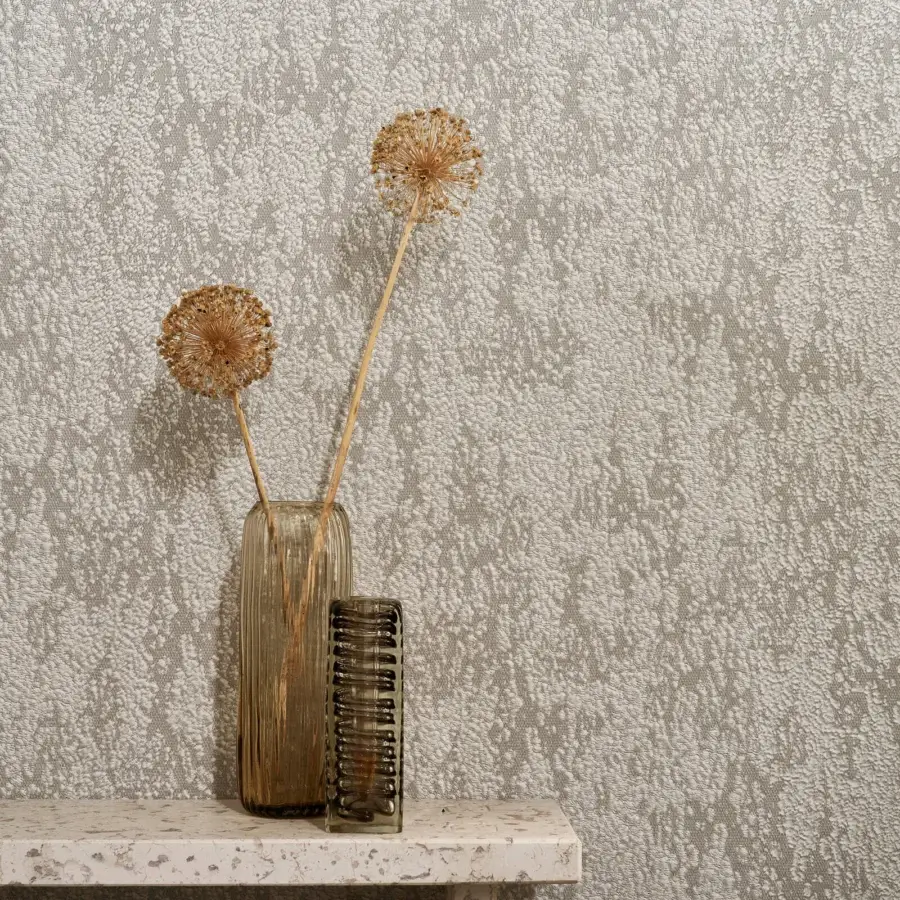 Superior Wall&Decò Mose wallpaper with interwoven patterns in muted beige and taupe vinyl over a non-woven fabric substrate