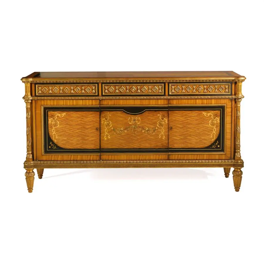Distinguished Zanaboni B/5143 sideboard crafted with wood components and detailed ebony, mother-of-pearl inlays with a glossy finish