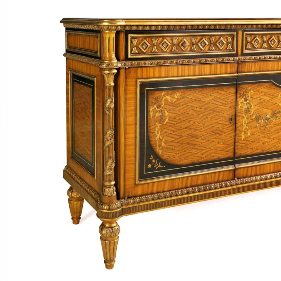 Exquisite Zanaboni B/5143 sideboard handcrafted with wood, enhanced by black panels and gilded detailing with satin finish