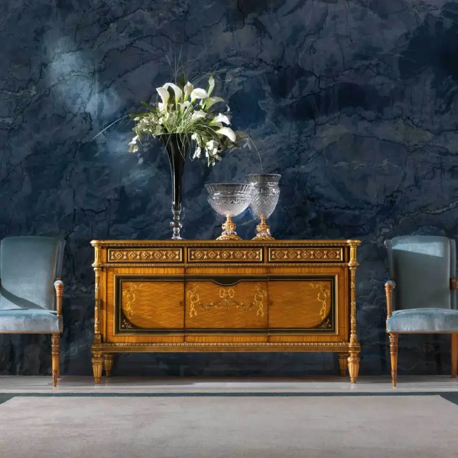 Distinguished Zanaboni B/5143 sideboard crafted with golden-brown wood, floral details, ebony and lustrous mother-of-pearl inlays with glossy finish