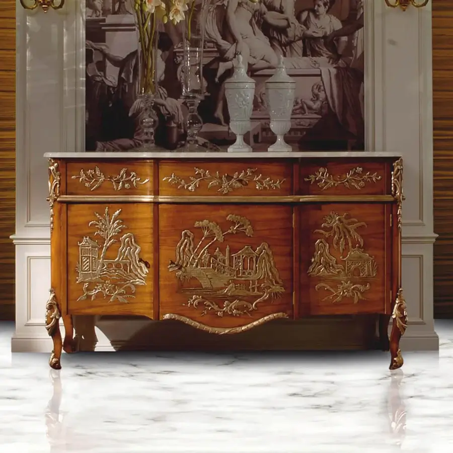Distinguished Zanaboni B/4630 sideboard crafted in warm brown with a marble top and ornate silver decorations