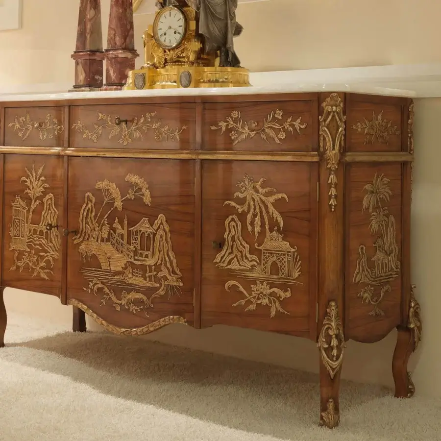 Lavish Zanaboni B/4630 sideboard crafted in warm brown with gilded details and a marble countertop