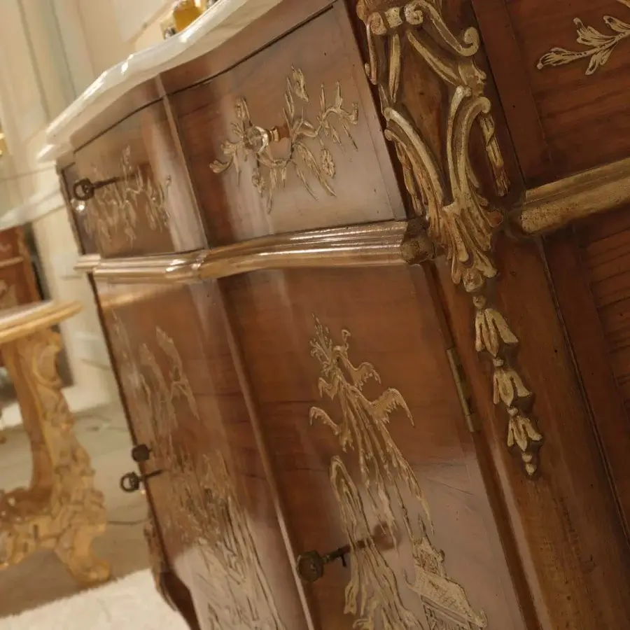 Superior Zanaboni B/4630 sideboard crafted in warm brown with silver and gold detailing and a marble top