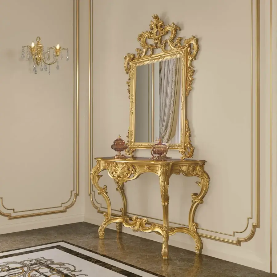 Lavish Modenese Royal Blend console crafted in Italy with ornate hand-carved details and a luxurious gold finish