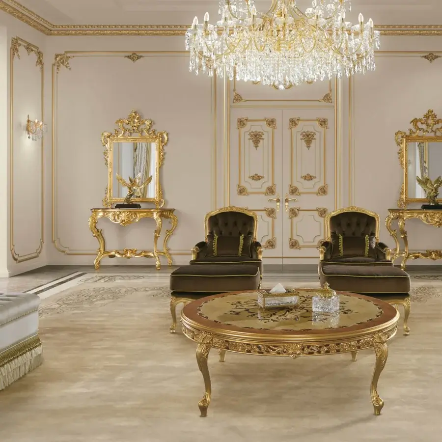 Exquisite Modenese Royal Blend console crafted in Italy with ornate hand-carved details and a luxurious gold finish