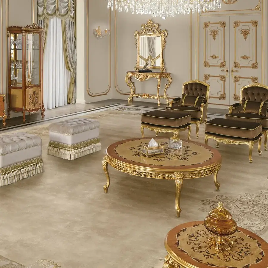 Superior Modenese Royal Blend console crafted in Italy with reddish-brown wood and lavish gold finish exhibiting hand-carved details