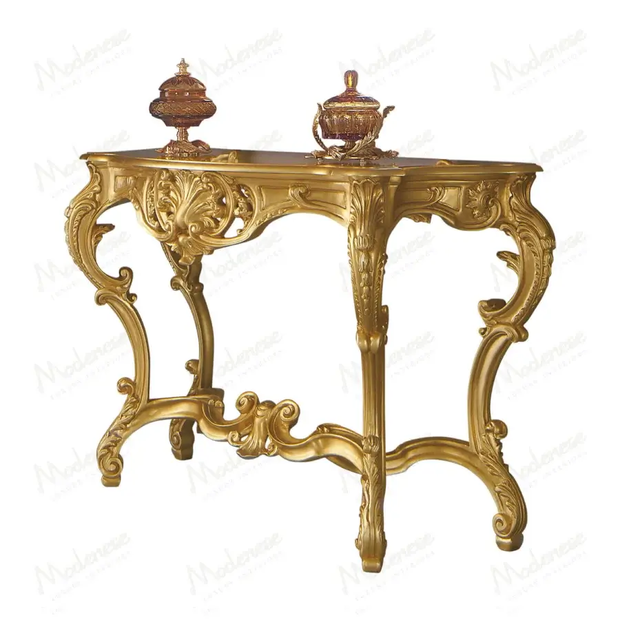 Lavish Modenese Royal Blend console crafted in Italy with elaborate hand-carved details and a luxurious gold finish