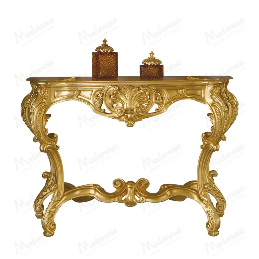 Exquisite Modenese Royal Blend console crafted in Italy with gracefully curved legs and ornate hand-carved details in a luxurious gold finish