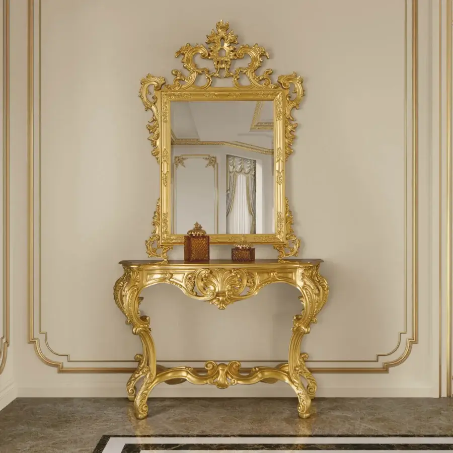 Superior Modenese Royal Blend console crafted in Italy with ornate wood construction and luxurious gold finish