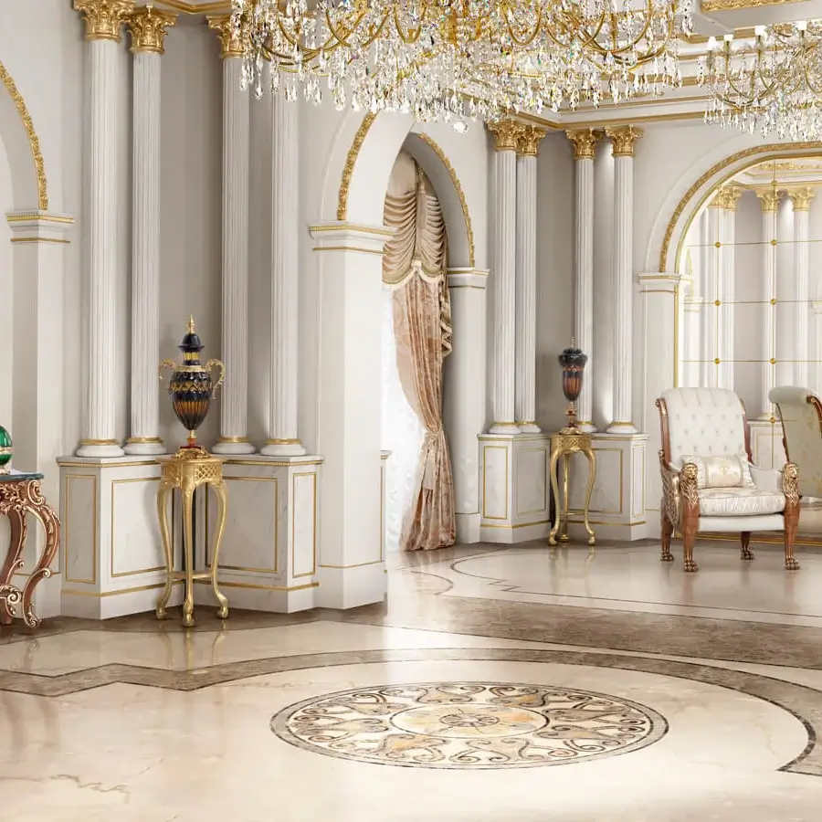 Distinguished Modenese Royal Blend walnut console crafted with gold leaf detailing and a premium marble surface exhibiting a glossy finish