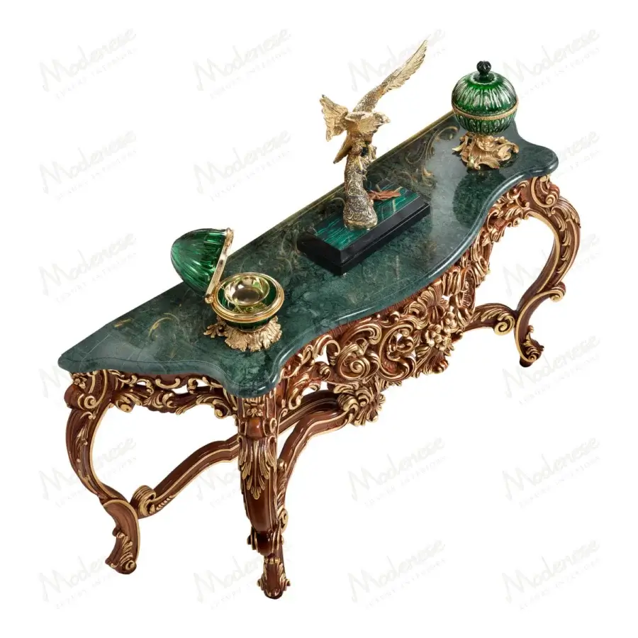 Lavish Modenese Royal Blend walnut console crafted with gold leaf detailing and a marbled green tabletop