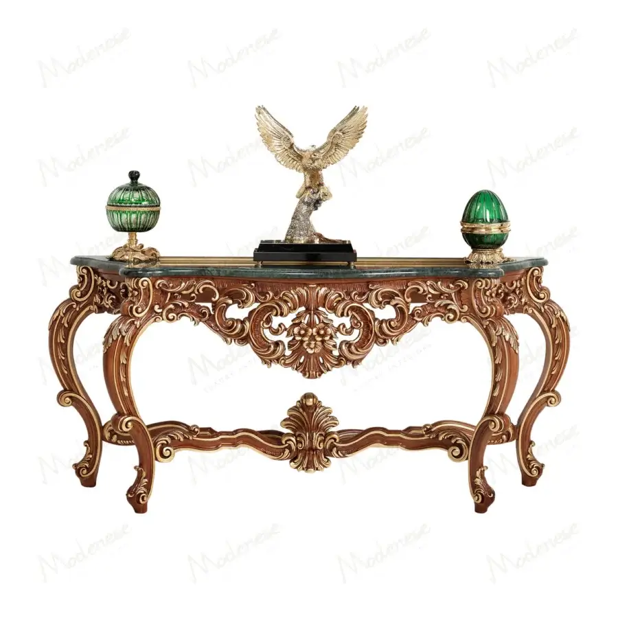 Superior Modenese Royal Blend walnut console crafted with gold leaf detailing and premium marble top