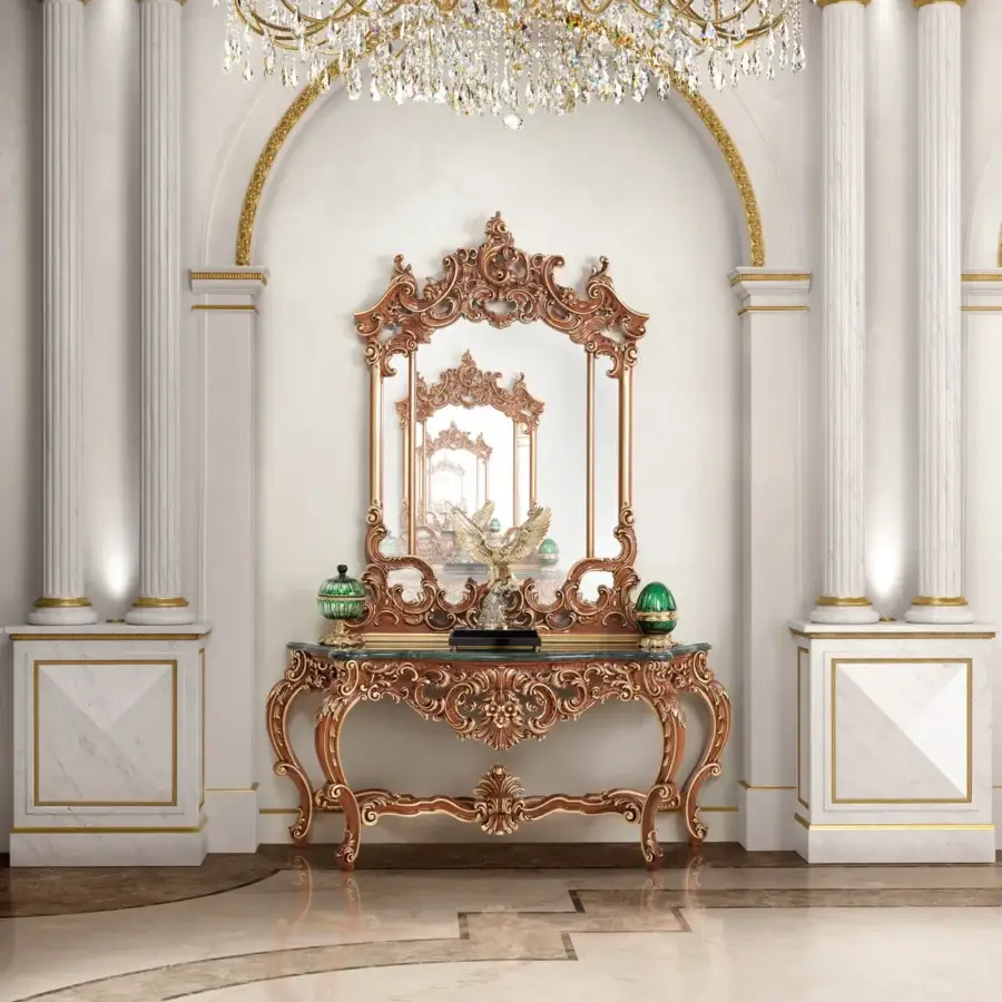Distinguished Modenese Royal Blend walnut console crafted with opulent gold leaf and premium marble surface