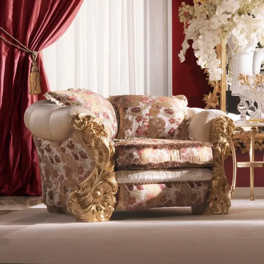 Lavish Zanaboni Renoir Lounge Chair upholstered in red, beige, and green damask textile with precious gold carvings