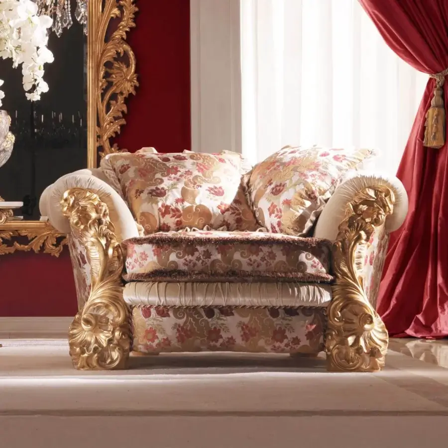 Exquisite Zanaboni Renoir Lounge Chair upholstered in red, beige, and gold damask textile with gold-carved hardwood frame