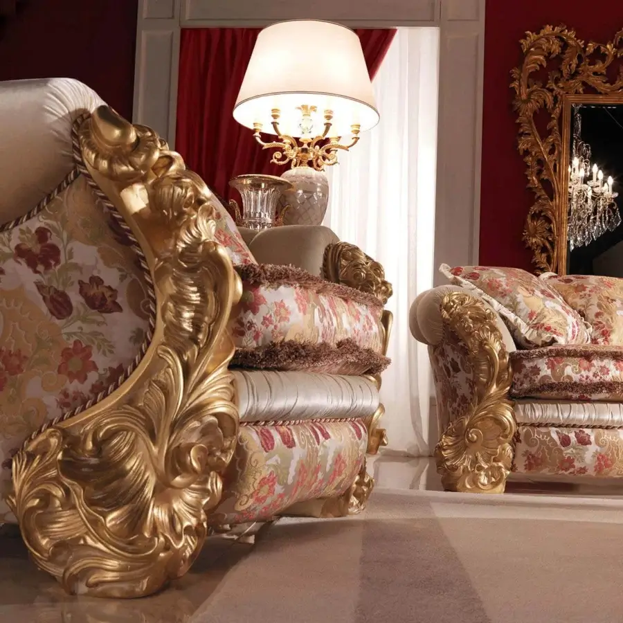 Superior Zanaboni Renoir Lounge Chair crafted with gold carvings and vibrant floral damask textile upholstery