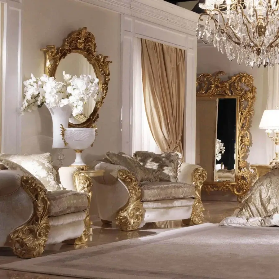 Superior Zanaboni Renoir Lounge Chair armchair crafted in cream damask textile with gold carvings and glossy wood finish