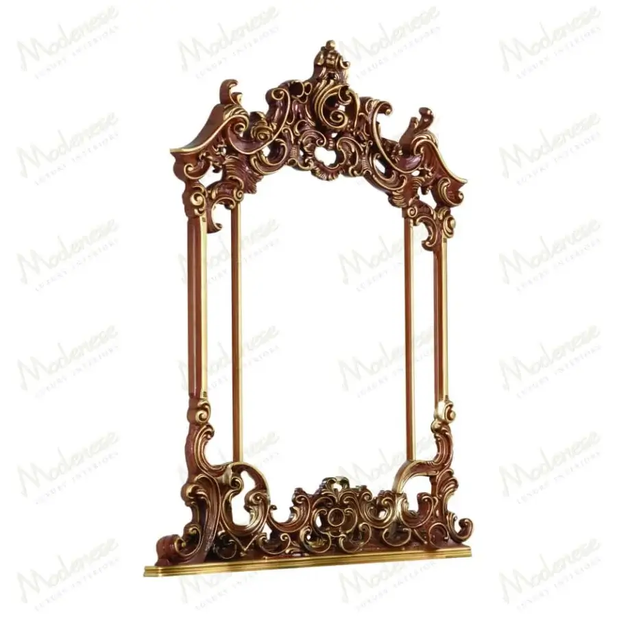 Distinguished Modenese Royal Blend Walnut Mirror crafted in dark brown walnut with glossy finish and sculpted gold accents