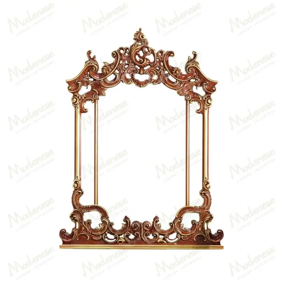 Exquisite Modenese Royal Blend Walnut Mirror crafted in dark brown walnut with golden highlights and glossy sheen