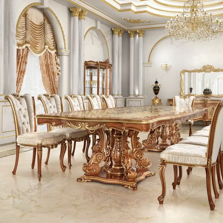 Exquisite Modenese Royal Blend table crafted in wood with intricate inlays and lustrous gold accents