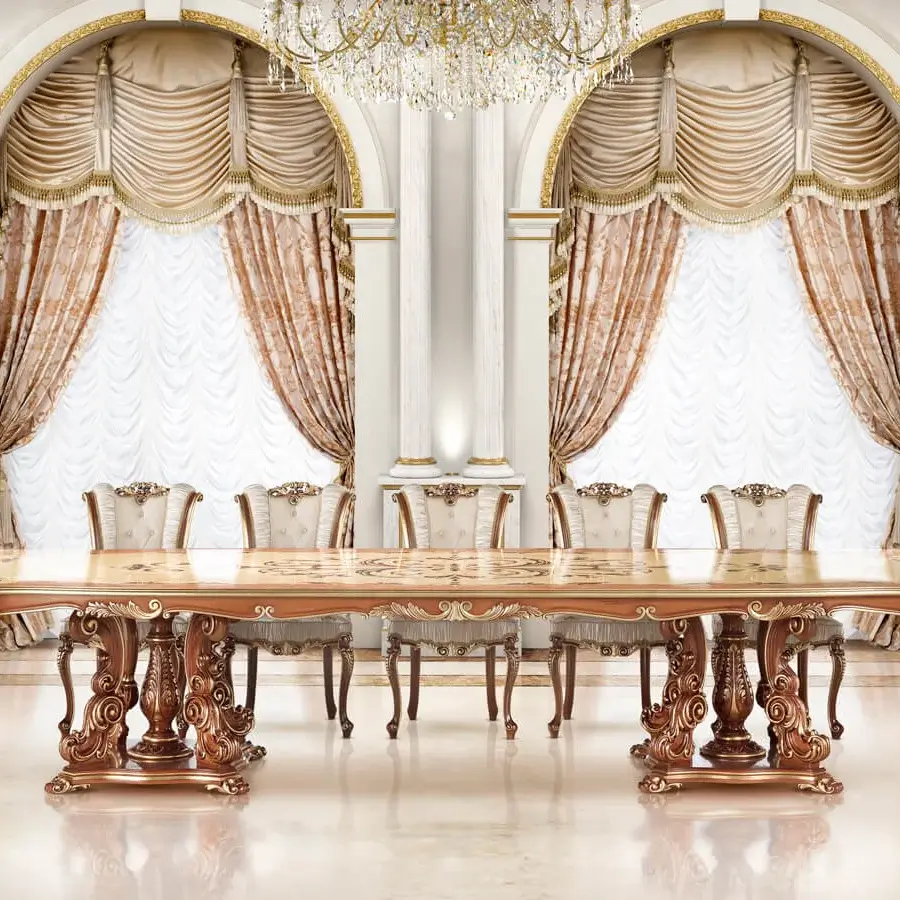 Lavish Modenese Royal Blend table crafted in wood with golden-brown inlays and ornate hand-carved base with lustrous finish