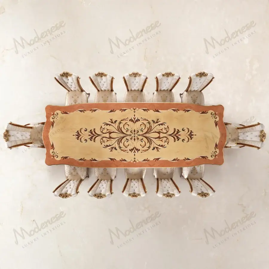 Distinguished Modenese Royal Blend table crafted in wood with lustrous finish and ornate gilded cabriole legs with black floral inlays