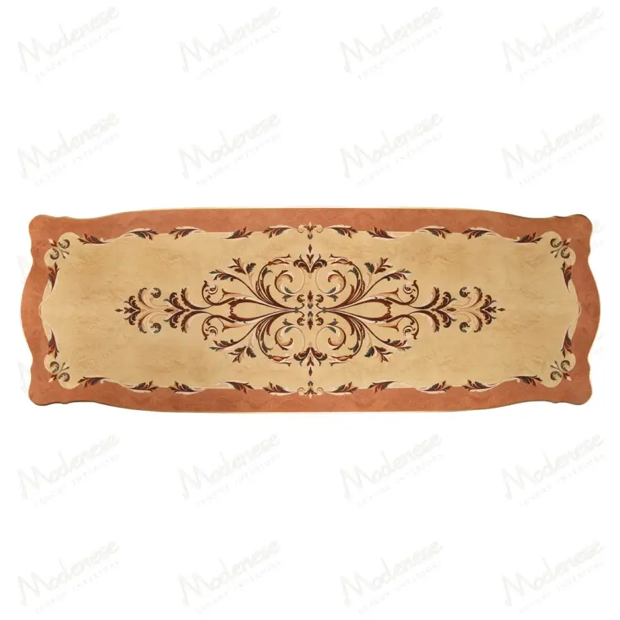 Exquisite Modenese Royal Blend table crafted in wood with terracotta tone, lustrous finish and ornate gold inlays