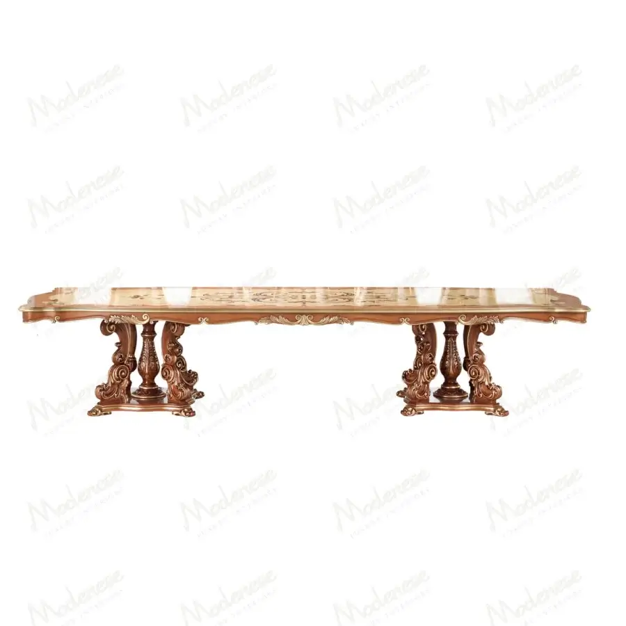 Superior Modenese Royal Blend table crafted in wood with gold accents and lustrous warm brown finish