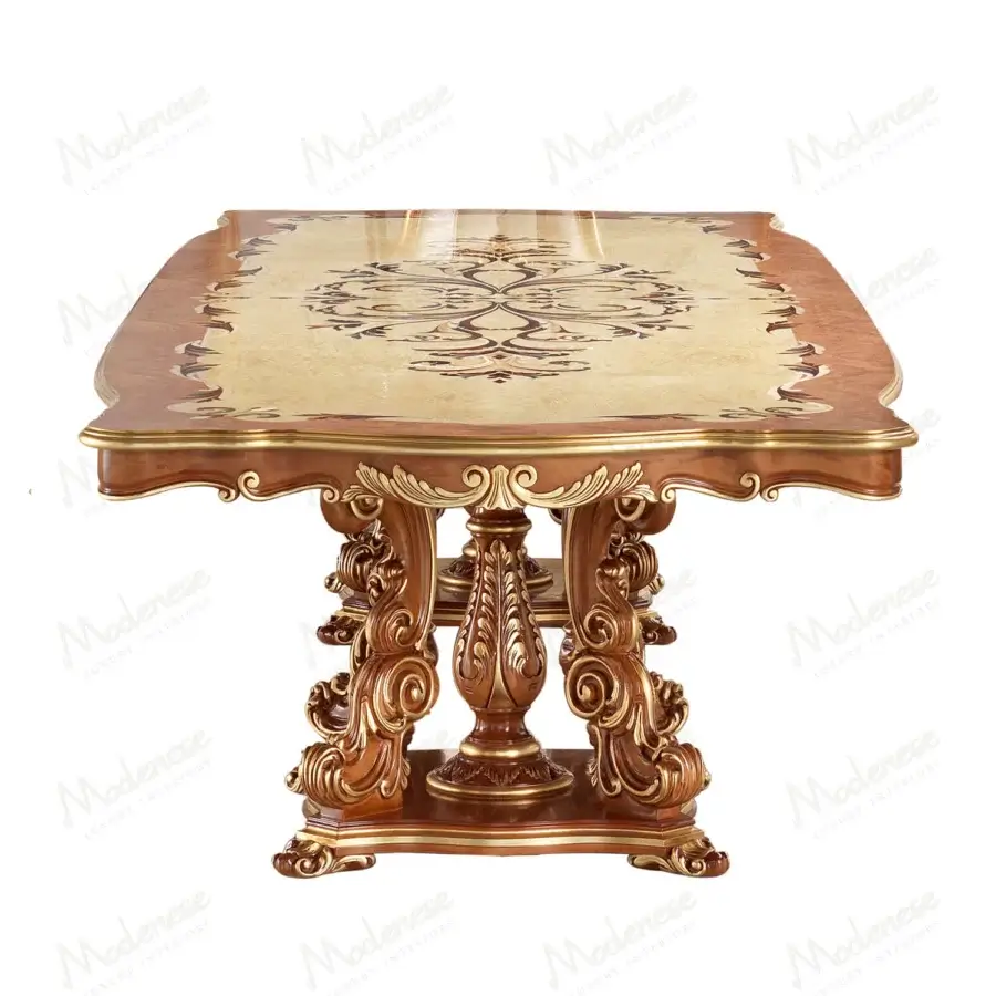 Lavish Modenese Royal Blend table crafted in wood with cream and gold marble inlays and lustrous finish